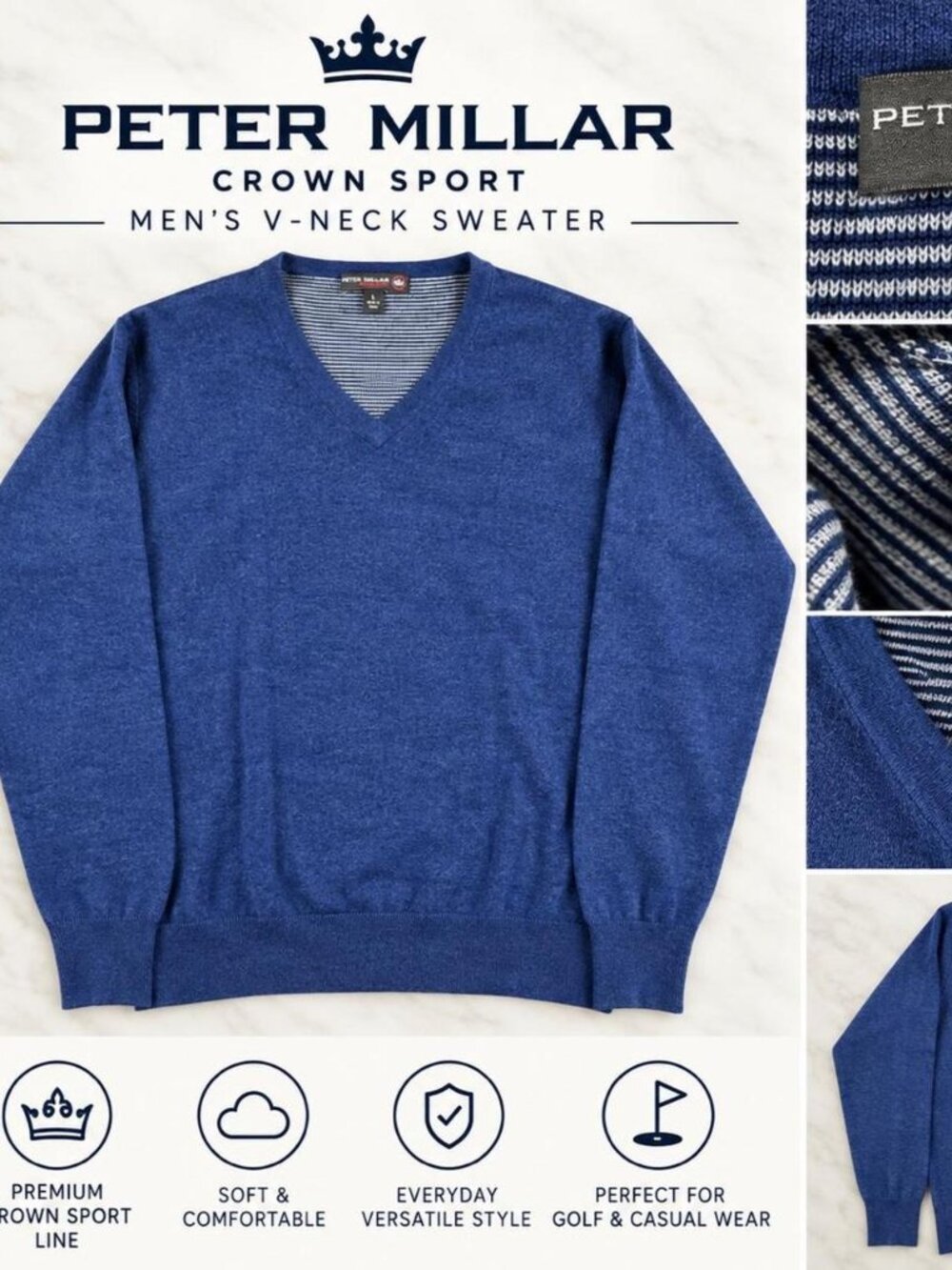Peter Millar Crown Sport Pullover V Neck Sweater Mens Large Blue